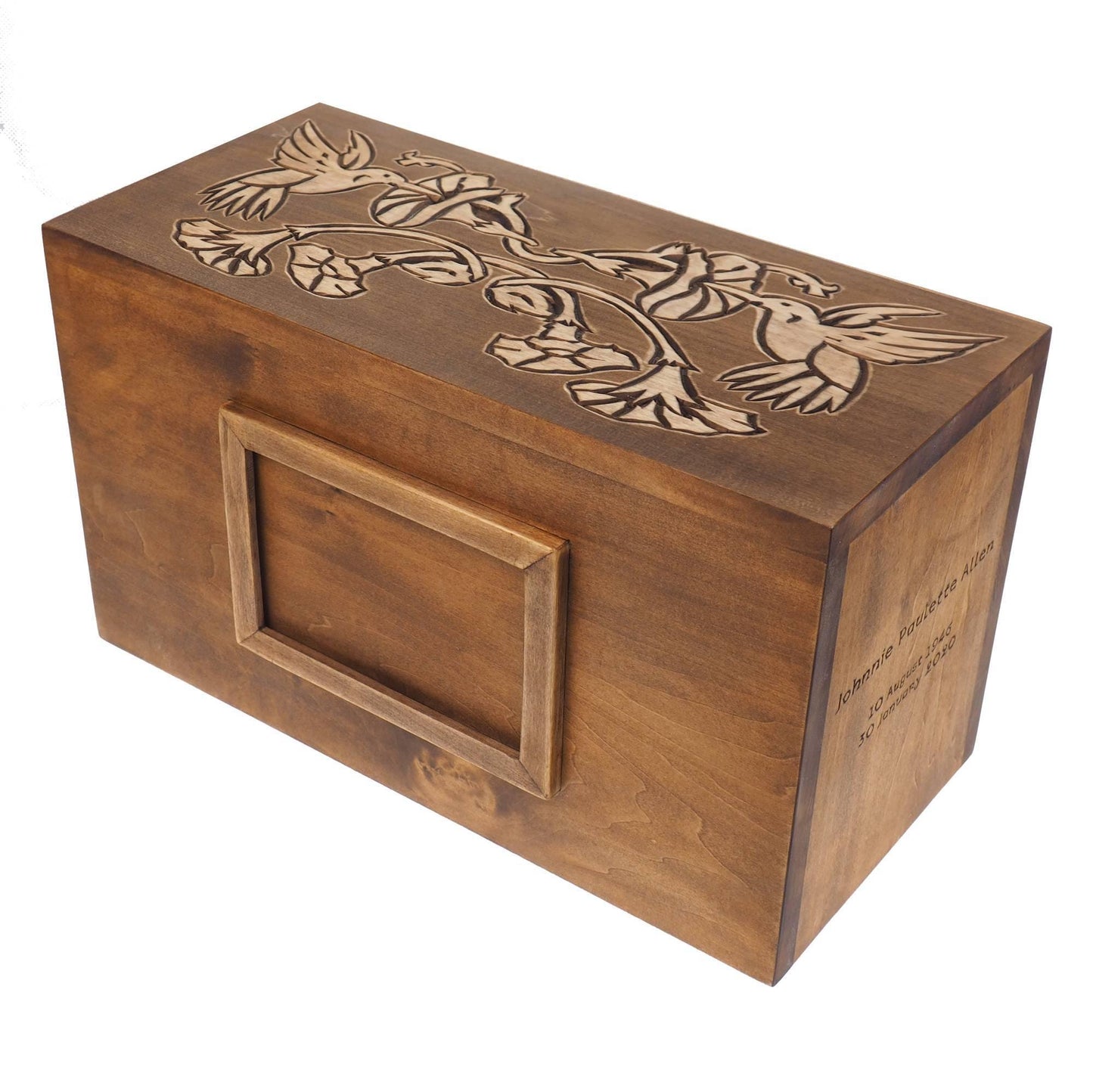 Hummingbird Double  Wood Urn Personalized For Human Ashes, With Frame for Photo, Wooden Memorial Box Carved , Keepsake Cremation Urns