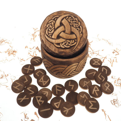 Viking Rune Set in hand carved Box with Odin's Triple Horn Norse Runes Elder Futhark Runes Asatru Runes Divination Runes Runes box viking