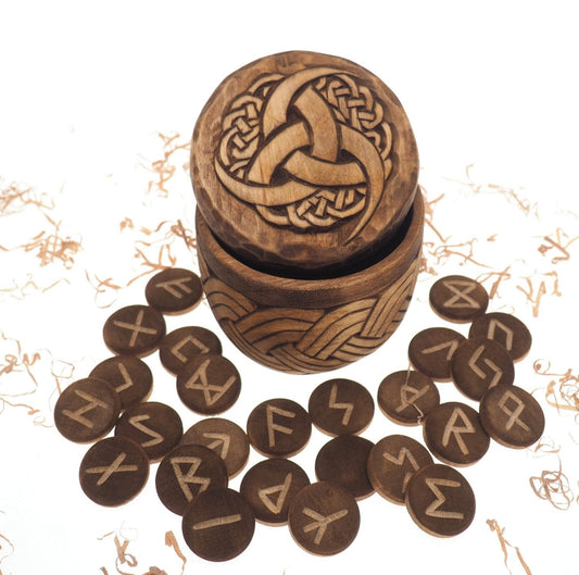 Viking Rune Set in hand carved Box with Odin's Triple Horn Norse Runes Elder Futhark Runes Asatru Runes Divination Runes Runes box viking