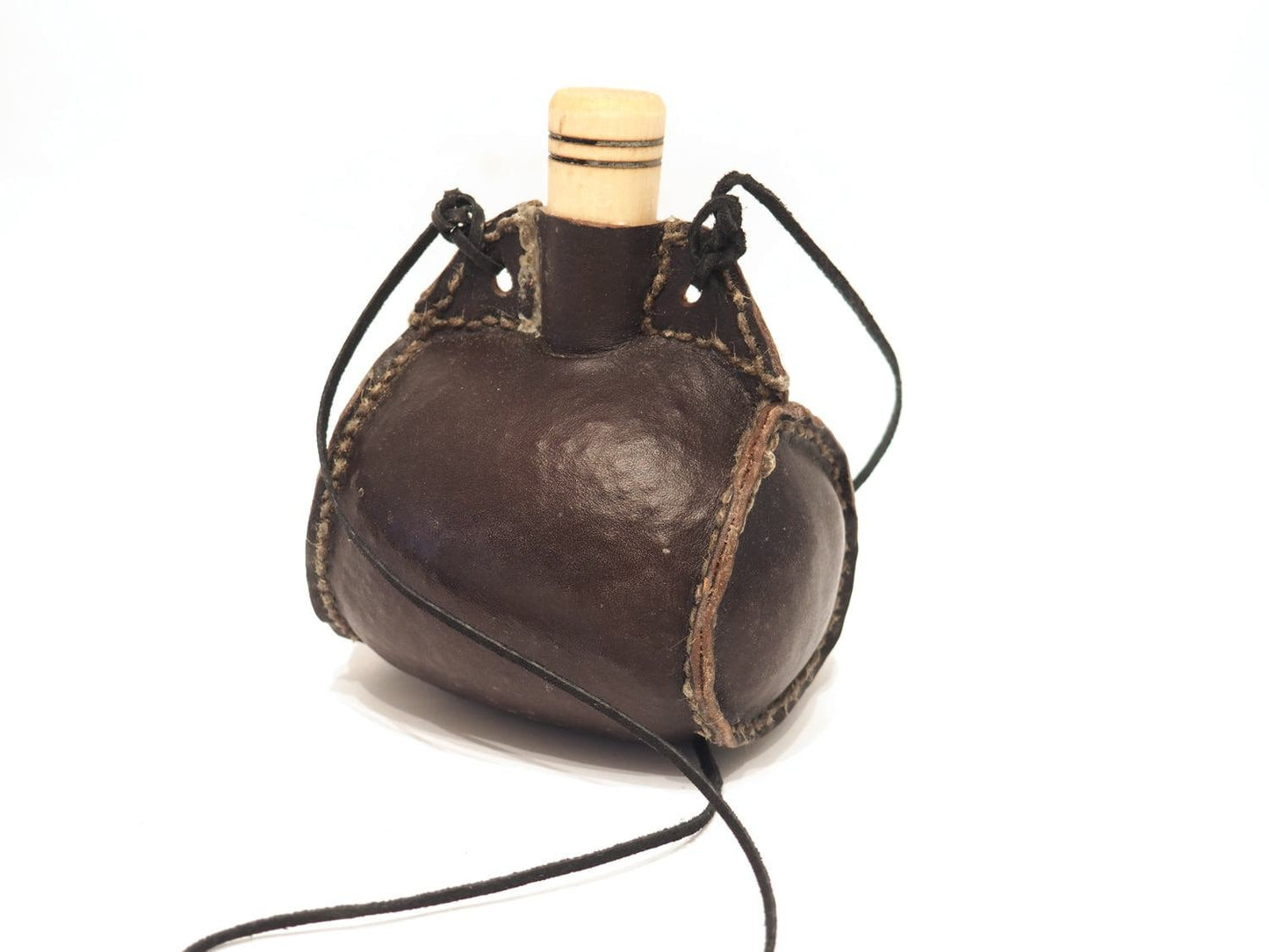 Small hand crafted authentic medieval wine skin with wooden stopper leather flask bladder ALL NATURAL