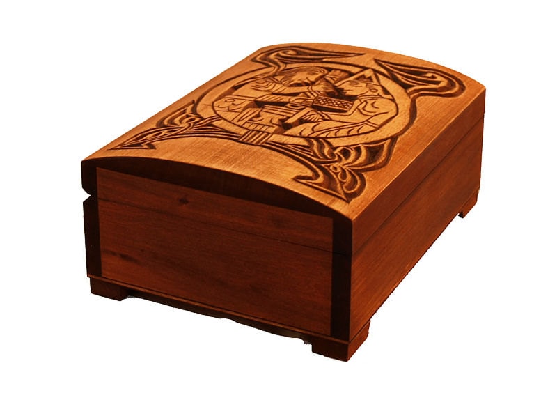 Wooden historical jewelry box with first scene from Völsunga saga