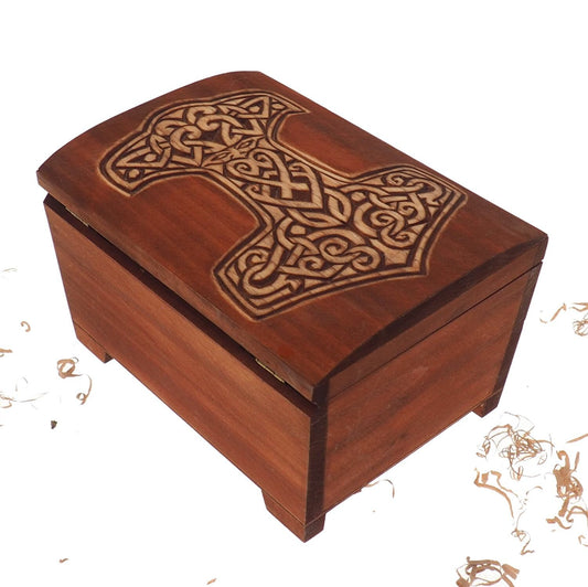 Big Wooden historical jewelry box with Thor Hammer memorial box wooden urn