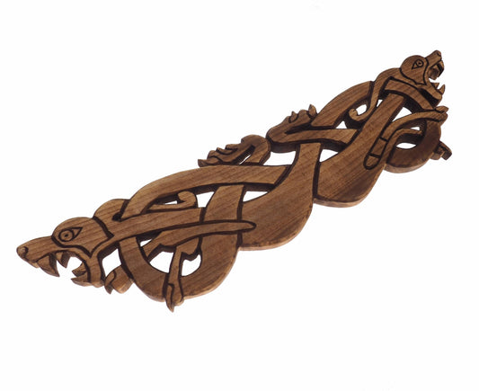 Wooden Dragons,  Hand Carved, Urnes Style Viking Wall Hanging, Two wolves, viking wall decor, viking room decoration, viking art, norse