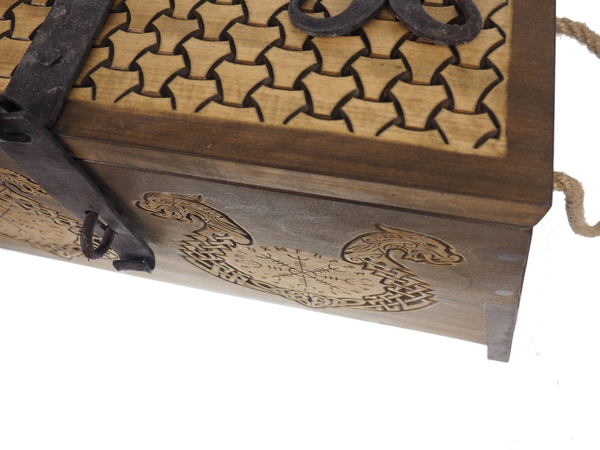 Dragons Personalized Viking Chest, hand carved, Norse pattern box, chest with forged fittings, wedding gift, SCA and Larp, treasure chest