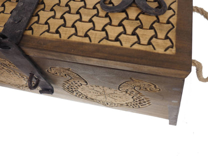 Dragons Personalized Viking Chest, hand carved, Norse pattern box, chest with forged fittings, wedding gift, SCA and Larp, treasure chest