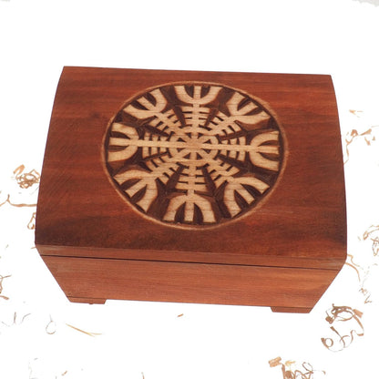 Big Wooden historical jewelry box with Aegishjalmur pattern memorial box wooden urn