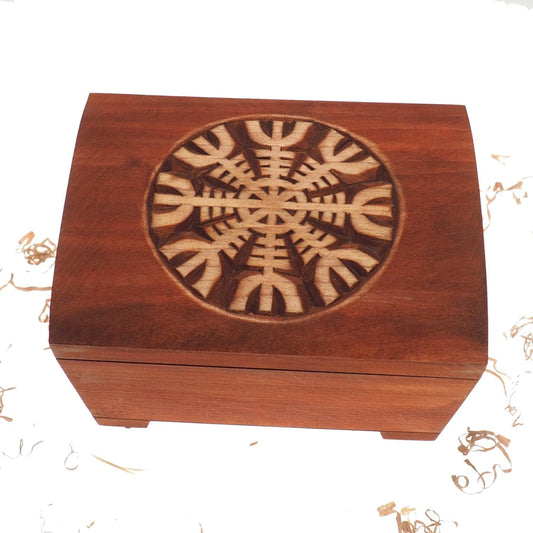 Big Wooden historical jewelry box with Aegishjalmur pattern memorial box wooden urn