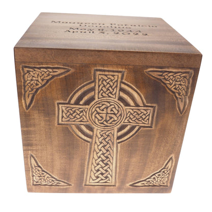 Square Personalized Wood Urn, Celtic Cross, For Human Ashes, Wooden Memorial Box, Carved Keepsake Cremation Urns, Medieval Viking style