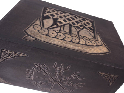 Viking Personalized Wood Urn with Runic Compass, Viking ship, Wooden Memorial Box Carved , Cremation Urns,  Boxes For Burial, Viking, pagan