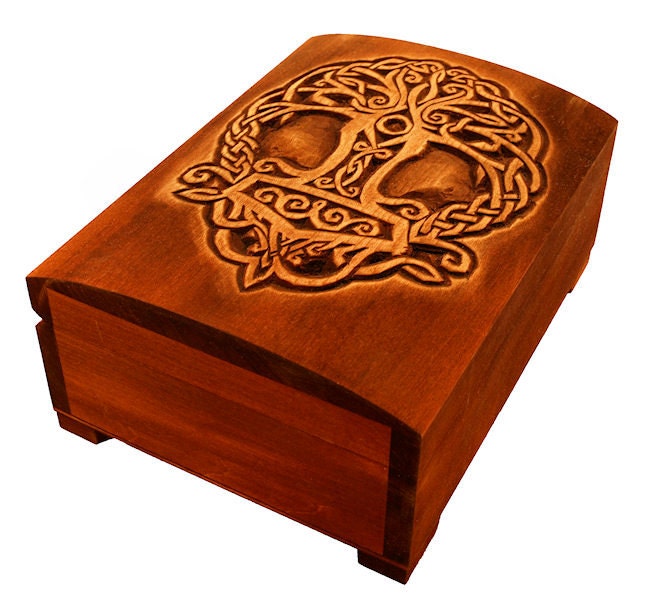 Wooden historical jewelry box with Yggdrasil and Thor hammer