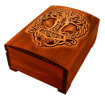 Wooden historical jewelry box with Yggdrasil and Thor hammer