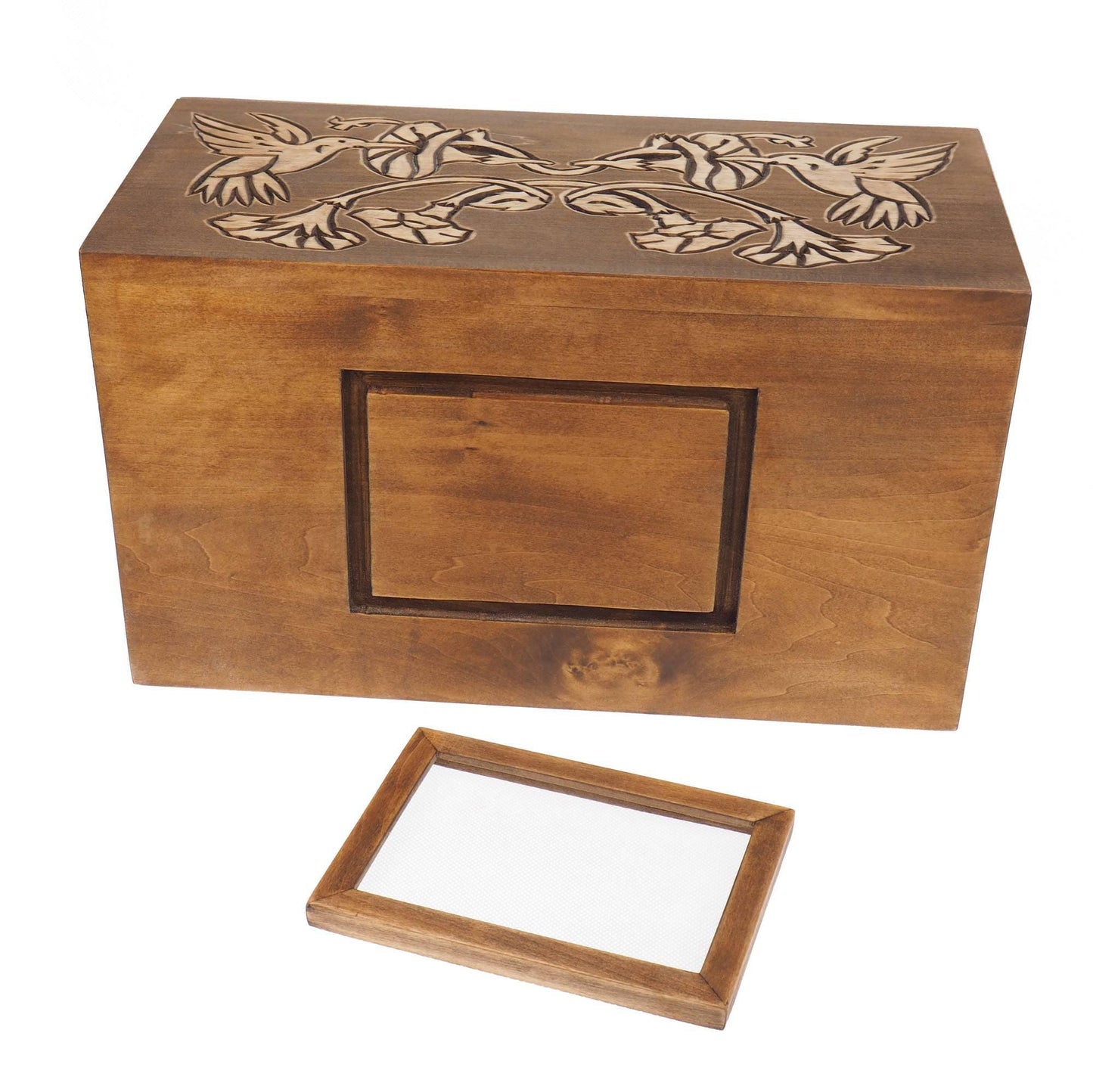 Hummingbird Double  Wood Urn Personalized For Human Ashes, With Frame for Photo, Wooden Memorial Box Carved , Keepsake Cremation Urns