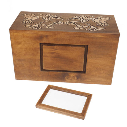 Hummingbird Double  Wood Urn Personalized For Human Ashes, With Frame for Photo, Wooden Memorial Box Carved , Keepsake Cremation Urns