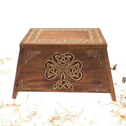 Shamrock Wooden Urn For Human Ashes, Wooden Memorial Box, Hand Carved, Keepsake Cremation Urns, Cremation Boxes For Burial, Celtic pagan