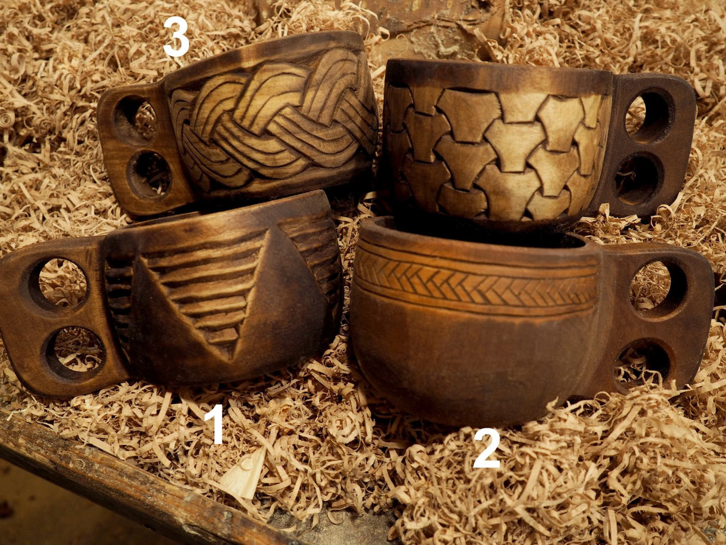 Intricately carved wooden cup viking style kuksa