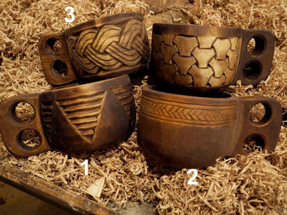 Intricately carved wooden cup viking style kuksa
