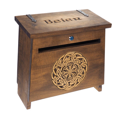Big Personalised Viking MailBox Aegishjalmur,  Wooden Wall Mount,  CardBox with Key, Hanging Post Box with a slot, Housewarming Gift,