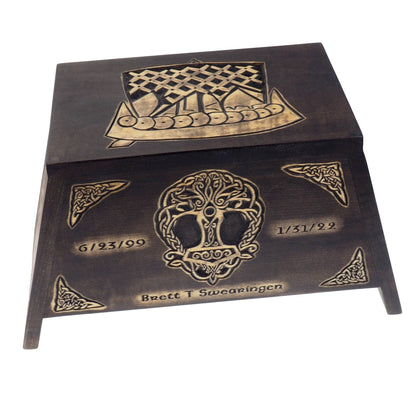 Viking Personalized Wood Urn with Yggdrasil and set of memory boxes, Viking ship, Wooden Memorial Box Carved , Cremation Urns, Viking, pagan