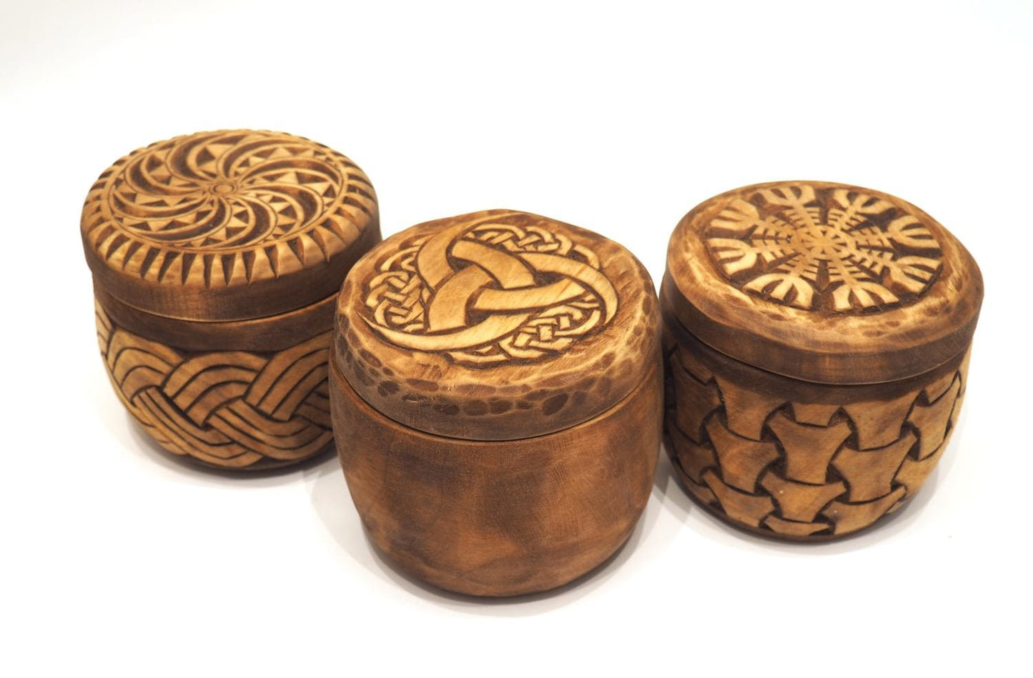 Hand carved round wooden box viking and celtic style