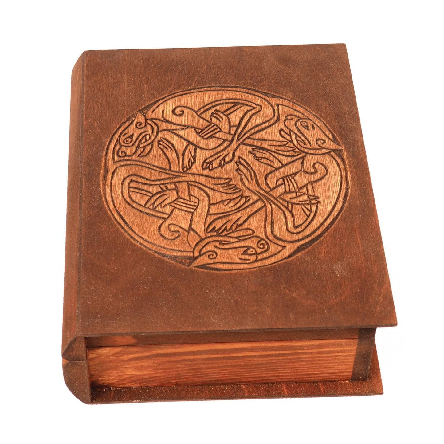 Historical wooden box in the shape of a book with  3 Dogs Book of Kells
