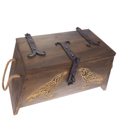 Raven Personalized Viking Chest, hand carved, Norse pattern box, chest with forged fittings, wedding gift, SCA and Larp, treasure chest