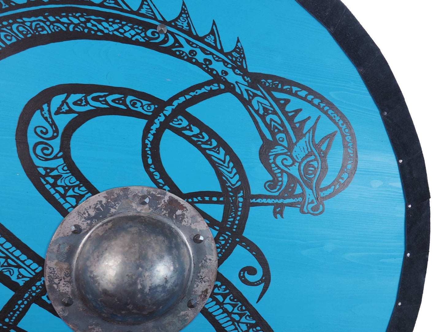 Personalized Blue Viking Shield with Dragon Pattern, 30 inch, Norsman shield, Wall decor, Larp and reenactment, SCA ready, black shield