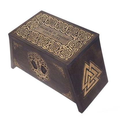 Ebony Thor hammer Yggdrasil Wooden Urn For Human Ashes,Memorial Box, Hand Carved, Keepsake Cremation Urns, Cremation Boxes For Burial