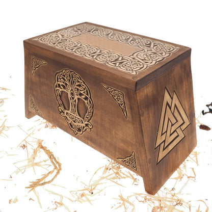 Thor hammer Yggdrasil Wooden Urn For Human Ashes, Wooden Memorial Box, Hand Carved, Keepsake Cremation Urns, Cremation Boxes For Burial