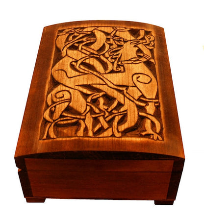 Wooden viking jewelry box with Urnes Deer, historical, Norse pattern, viking gift, memory box, hand carved