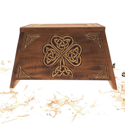 Shamrock Wooden Urn For Human Ashes, Wooden Memorial Box, Hand Carved, Keepsake Cremation Urns, Cremation Boxes For Burial, Celtic pagan