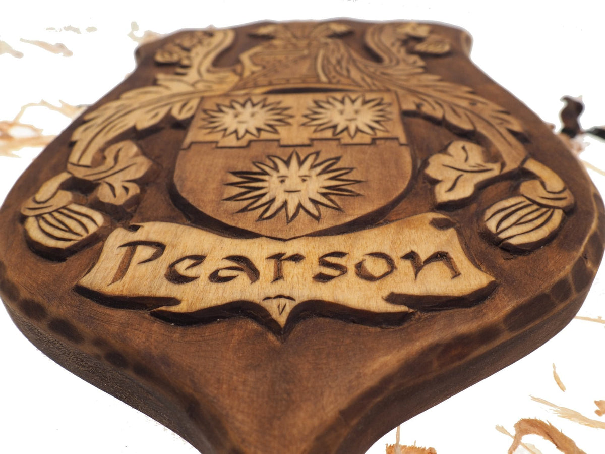 Pearson Personalized Family Crest, Hand Carved, Coat of Arms, Custom, Family Shield, Wooden Emblem, Wedding Wood Art, Heraldic, Woodcraft
