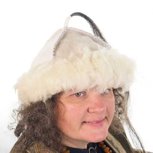 White Historical leather hat with horse tail, hand sewn, larp, medieval, sca, unisex hat, headdress viking, Mongol, Slavic, Viking clothing