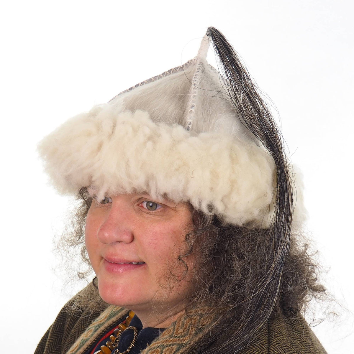 White Historical leather hat with horse tail, hand sewn, larp, medieval, sca, unisex hat, headdress viking, Mongol, Slavic, Viking clothing