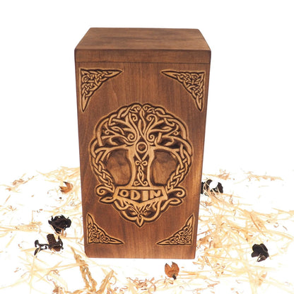 Personalized Wood Urn For Human Ashes,Thor hammer motive, Wooden Memorial Box, Carved Keepsake Cremation Urns, Cremation Boxes For Burial