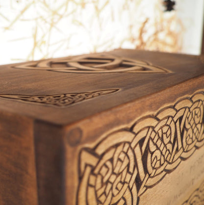 Triquetra Wooden Urn For Human Ashes, Wooden Memorial Box, Hand Carved, Keepsake Cremation Urns, Cremation Boxes For Burial, Celtic pagan