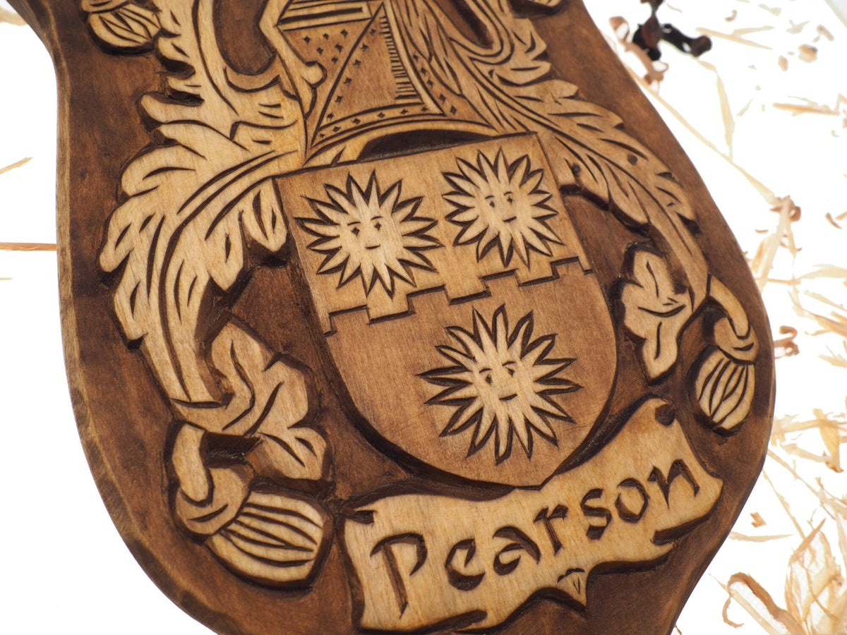 Pearson Personalized Family Crest, Hand Carved, Coat of Arms, Custom, Family Shield, Wooden Emblem, Wedding Wood Art, Heraldic, Woodcraft