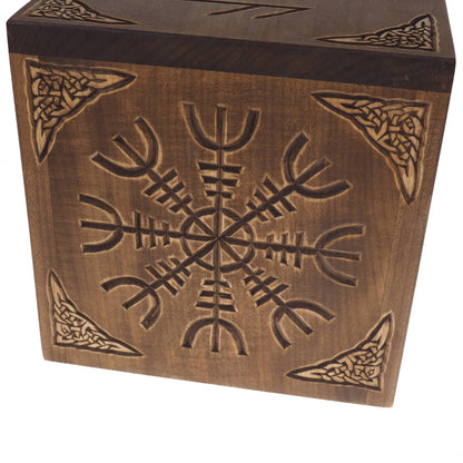 Square Personalized Wood Urn, Aegishjalmur, For Human Ashes, Wooden Memorial Box, Carved Keepsake Cremation Urns, Medieval Viking style