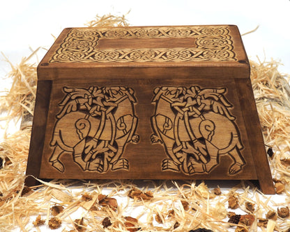Personalized Wood Urn For Human Ashes, Wooden Memorial Box Carved , Keepsake Cremation Urns, Cremation Boxes For Burial, Viking pagan