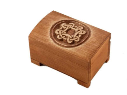 wooden historical jewelry box with celtic pattern