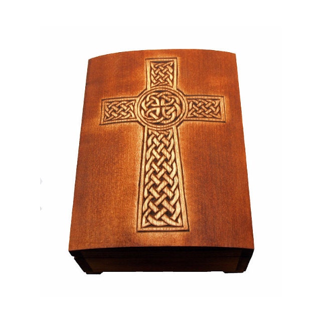 wooden historical jewelry box with "isle of man" celtic cross pattern