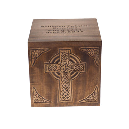 Square Personalized Wood Urn, Celtic Cross, For Human Ashes, Wooden Memorial Box, Carved Keepsake Cremation Urns, Medieval Viking style