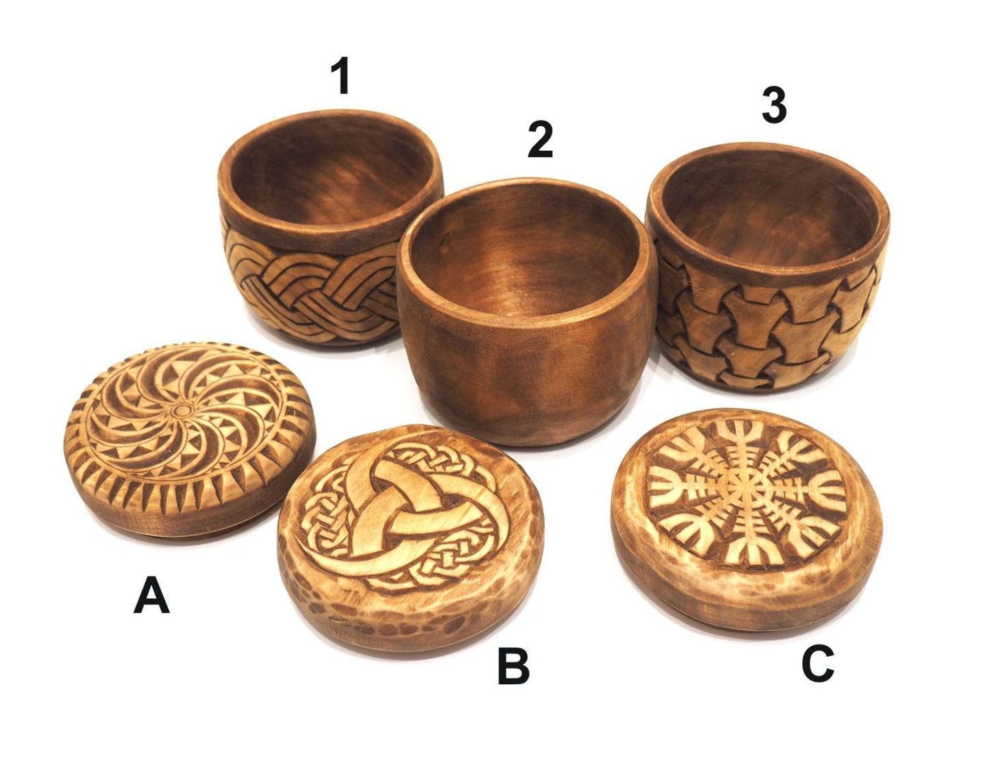 Hand carved round wooden box viking and celtic style
