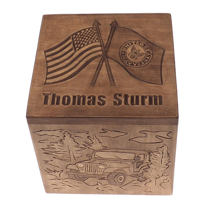 US flag Square Personalized Wood Urn For Human Ashes, Wooden Memorial Box, Carved Keepsake Cremation Urns, Cremation Boxes For Burial