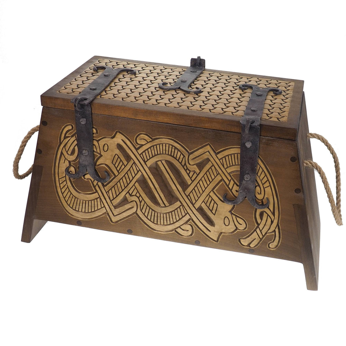 Dragons Personalized Viking Chest, hand carved, Norse pattern box, chest with forged fittings, wedding gift, SCA and Larp, treasure chest