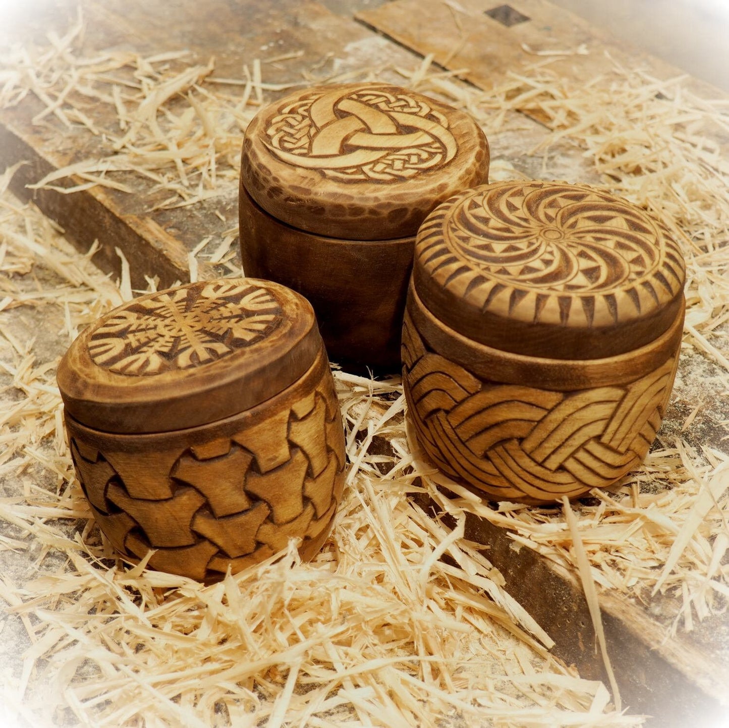 Hand carved round wooden box viking and celtic style