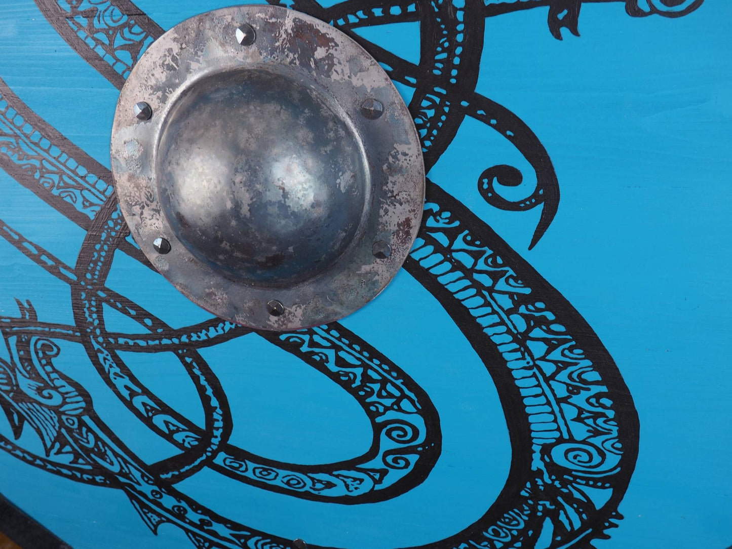 Personalized Blue Viking Shield with Dragon Pattern, 30 inch, Norsman shield, Wall decor, Larp and reenactment, SCA ready, black shield