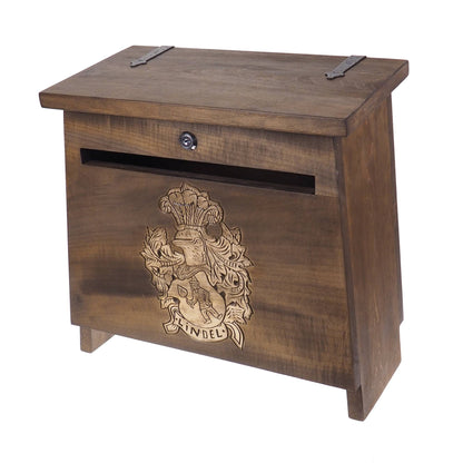 Big Personalised MailBox with Crest,  Wooden Wall Mount,  CardBox with Key, Hanging Post Box with a slot, Housewarming Gift, Wedding Gift