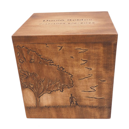 Tree and sunshine Square Personalized Wood Urn For Human Ashes, Wooden Memorial Box, Carved Keepsake Cremation Urns, Cremation Boxes, Burial