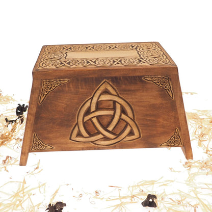 Triquetra Wooden Urn For Human Ashes, Wooden Memorial Box, Hand Carved, Keepsake Cremation Urns, Cremation Boxes For Burial, Celtic pagan