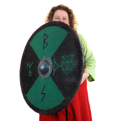 Personalized runic Viking Shield with Thor mask, Norsman shield, Wall decor, Larp and reenactment, SCA ready, black shield, Valhalla pattern